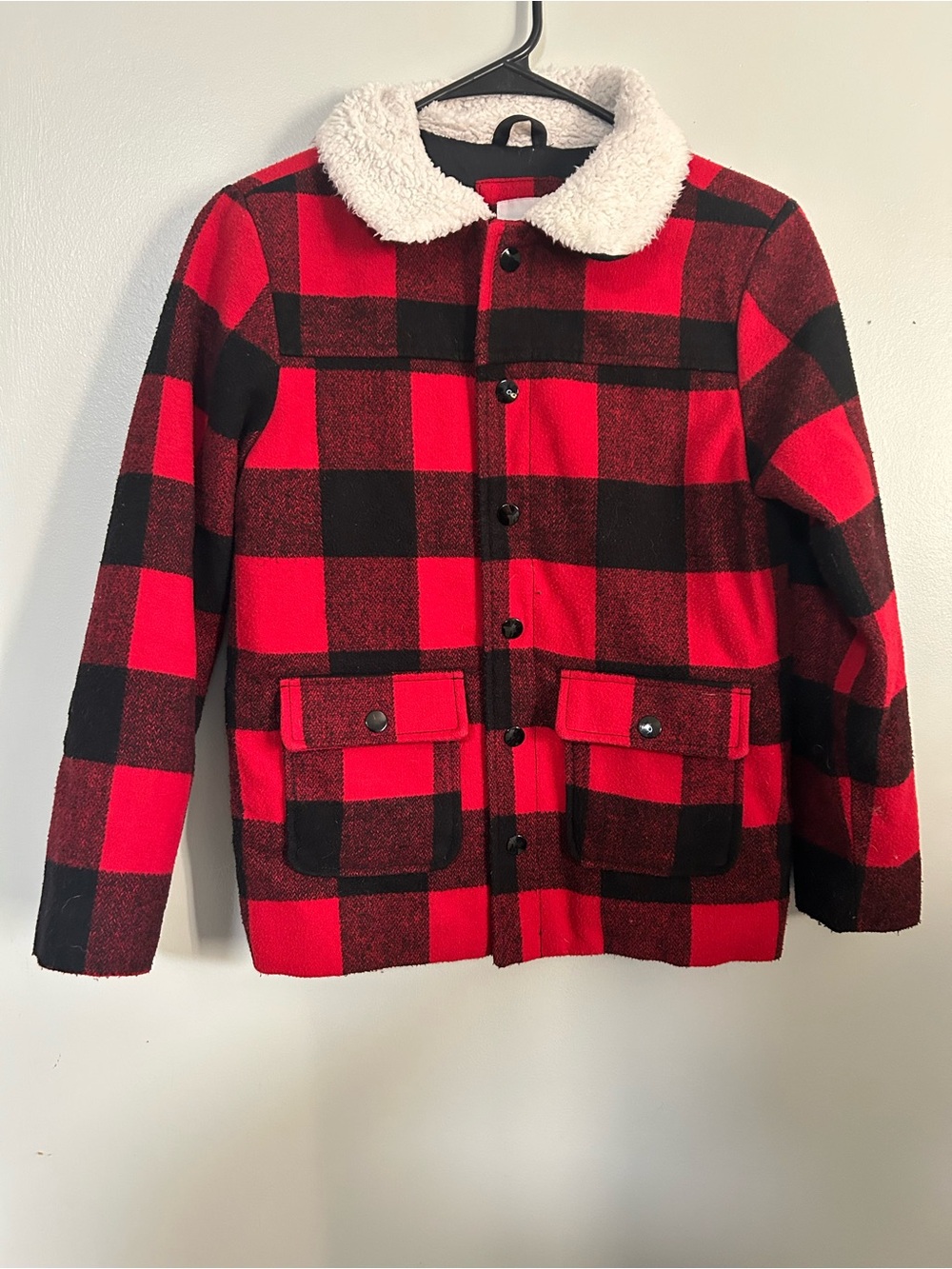 Cat & Jack Red and Black Buffalo Plaid Sherpa Collar Lined Jacket BOYS SZ M 8/10
